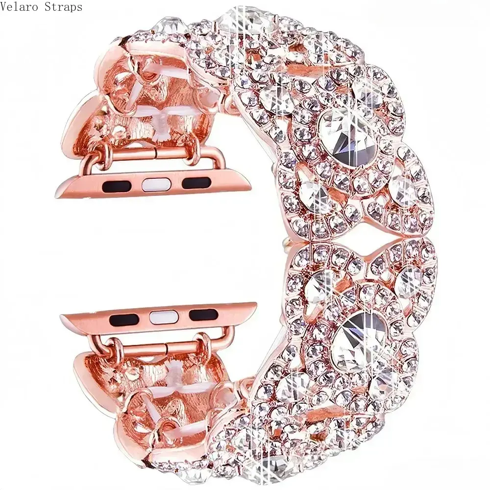 Rhinestone Heart Link Metal Watch Strap, Rose Gold Bling Band for Apple Watch All Series Ultra SE 1-12