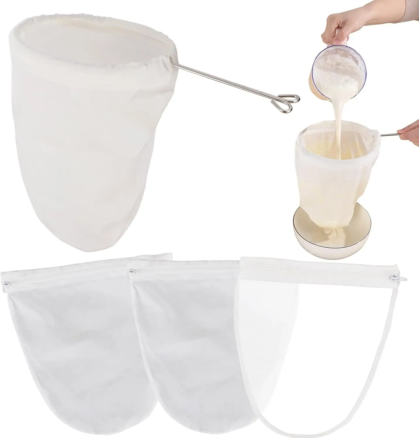 5 count  Ultra Fine Mesh Strainer Bags with Stainless Steel Handle,  Nut Milk Bags, Cheese Cloths for Straining Juice, NutMilk, Coffee, Thai , Yogurt and Soup (Small)