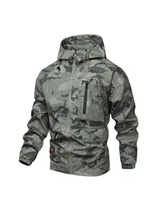 Men's Camo Print Zip Up Drawstring Hooded Jacket, Regular Fit Casual Waterproof Long Sleeve Pocket Outerwear, Men's Fall & Winter Clothes