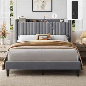 【USB Ports】Yaheetech Upholstered Bed Frame Queen Size Velvet Bed Frame with Charging Ports, Storage Shelf, 800 lb Maximum Weight Capacity, No Box Spring Needed
