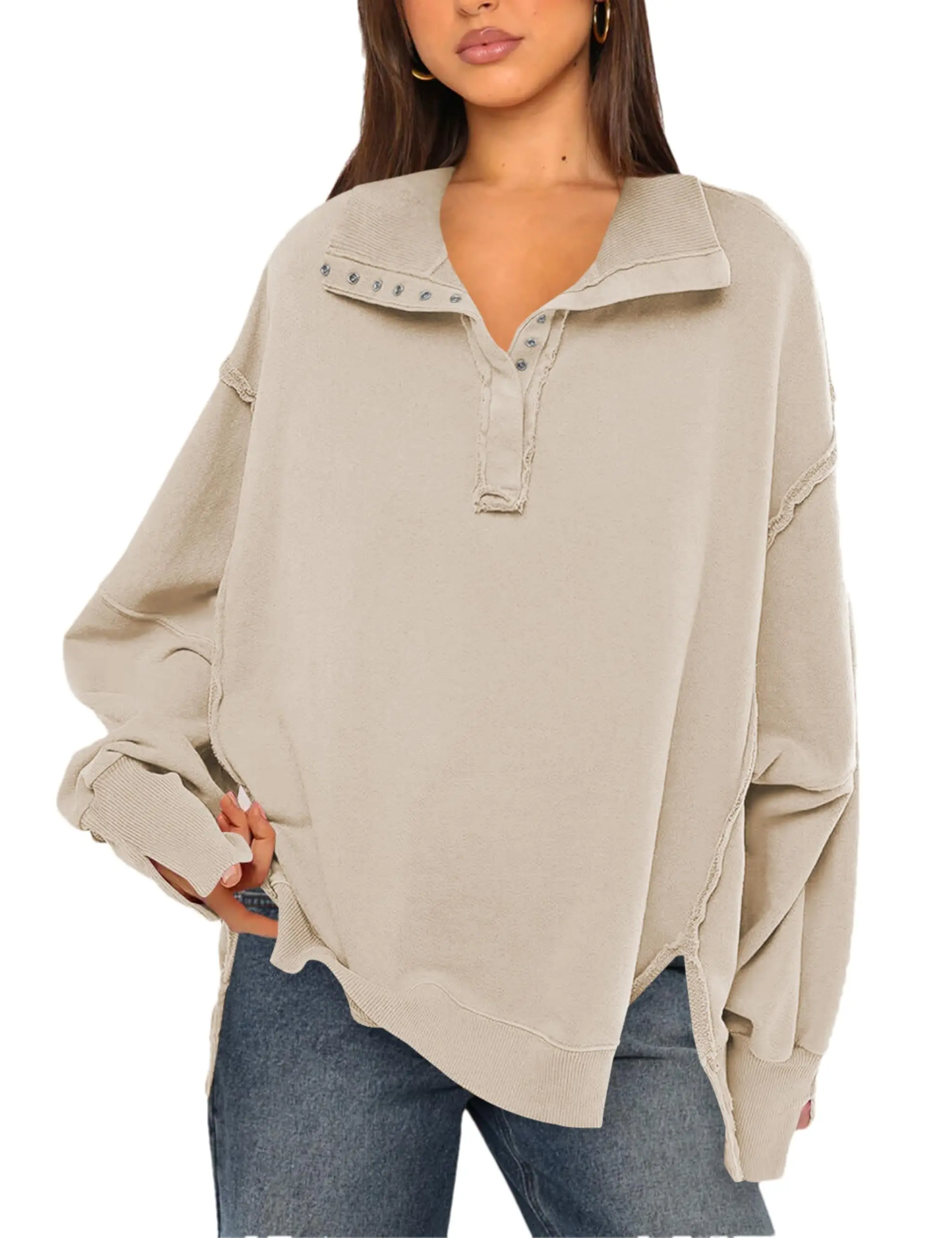 YF Solid Exposed Seam Detail Polo Neck Pullover Half Snap Placket Bubble Long Sleeve Rib Cuff Side Split Sweatshirt for Ladies Spring Autumn Minimalist Outfit