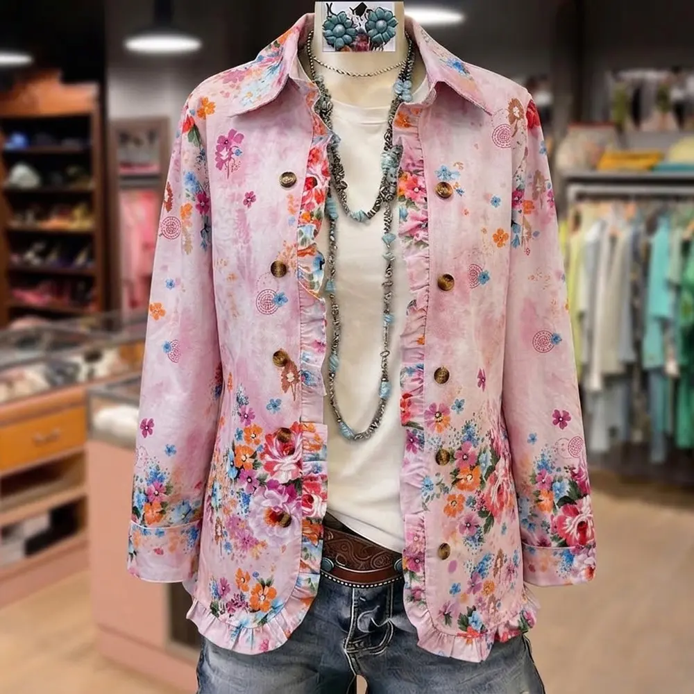 Cherrybetty Vintage Floral Print Ruffle Trim Collared Jacket  Coats Womenswear Outerwear Tops Spring Fashion Outfit Inspo Tiktok Shop Spring Glow up Loungewear