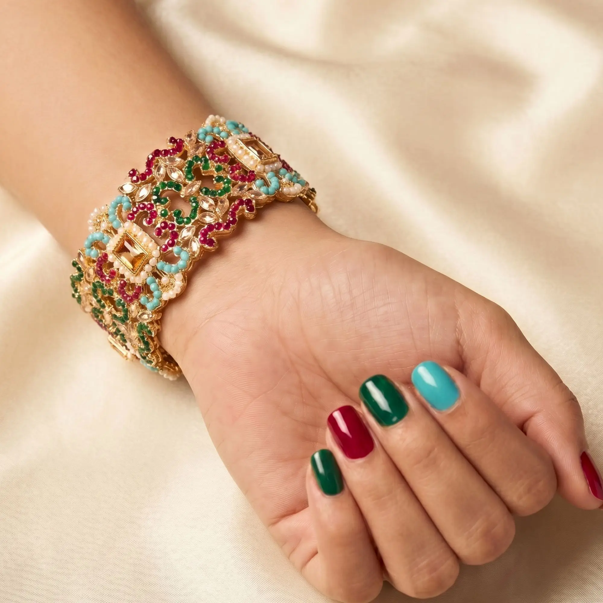 Nauratan Pearl and stones Single Bangle - Openable Indian Wedding Kada, Size 2.4-2.6
