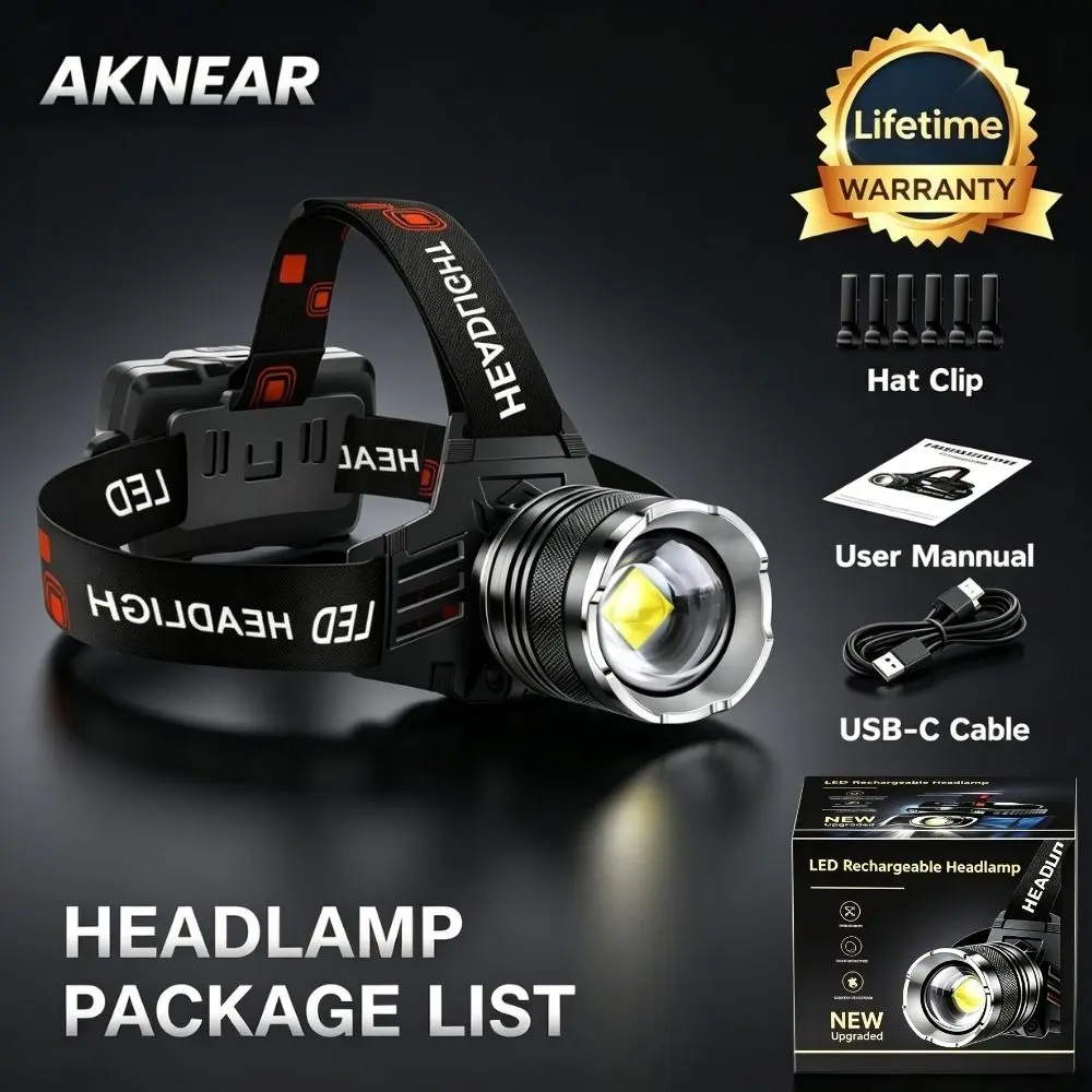 AKNEAR 99000 Lumens Rechargeable LED Headlamp, 95Hrs Runtime Zoomable IPX7 Waterproof 125° Adjustable LED Head Light for Camping Hiking Work Hard Hat