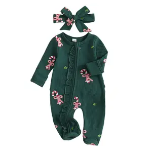 My First Christmas Outfit Baby Girl Candy Cane Footie Pajamas Romper Ruffles Long Sleeve Zipper Sleeper Xmas Jumpsuit