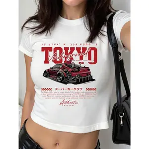 1pc Women's Y2K Streetwear Short T-Shirt - Tokyo Speed Hunter Car & Japanese Text Print, Black Urban Fashion Loose Fit Casual Round Neck Short Sleeve Shirt for Japanese Car Culture Outfits, Leggings, Skinny