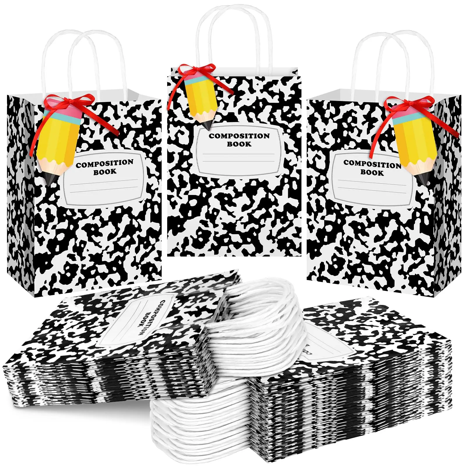 12/24/36 Pcs Back to School Gift Bags Composition Notebook Gift Bags with Pencil Labels Red Ribbon Tissue Handle Teacher Gifts Bag for Student Teacher Staff Treat Paper Bags for Classroom Office Supplies,Birthday Welcome First Day of School Gift