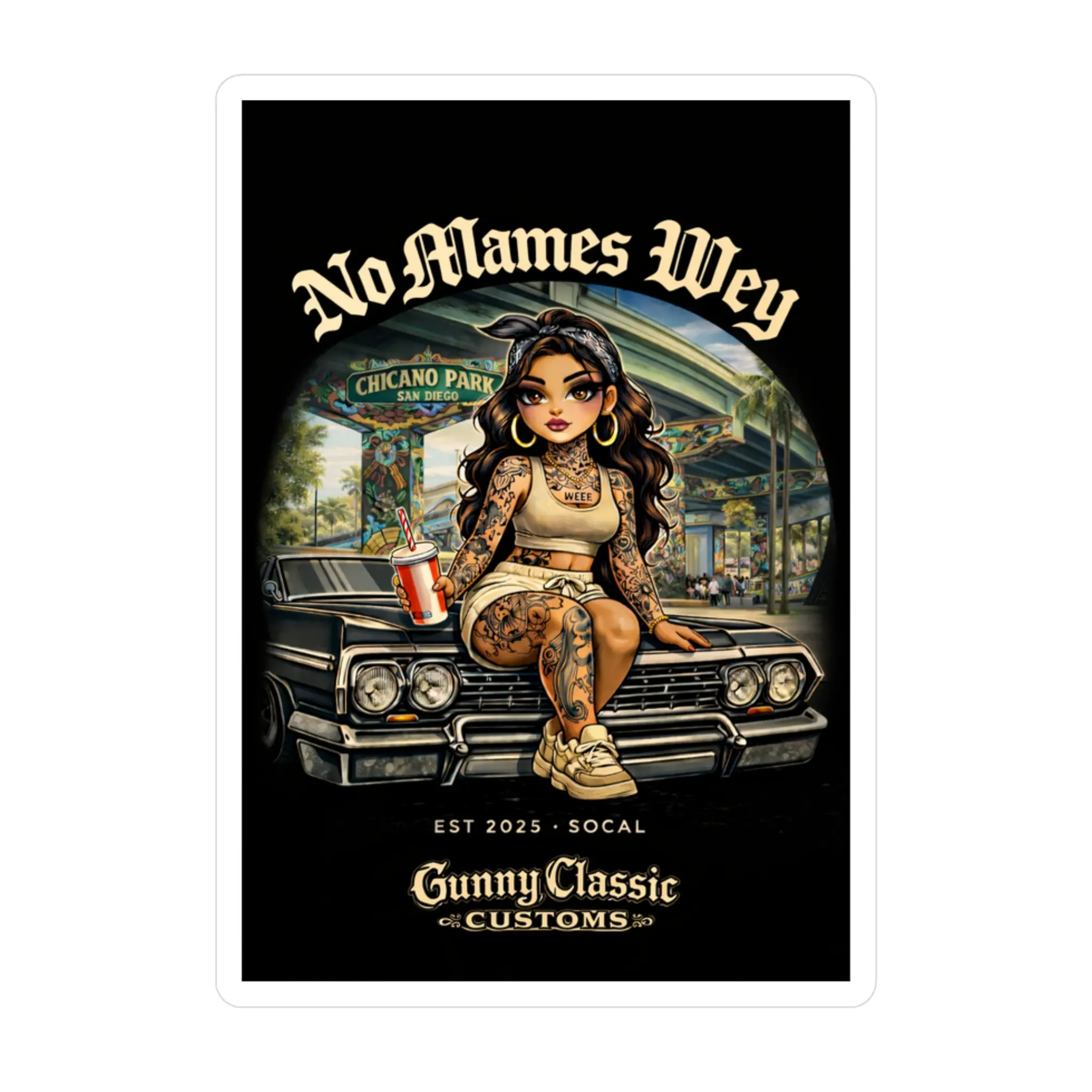 Chicana Art "No Mames Wey" Kiss-Cut Vinyl Decal - 3x4 in/4x6 in Sizes, 3-Year Durability, Lowrider Window Compatible, Water Resistant, Removable Glue, Illustrated Chola Design, Chicano Park Backdrop, for Lockers, Laptops