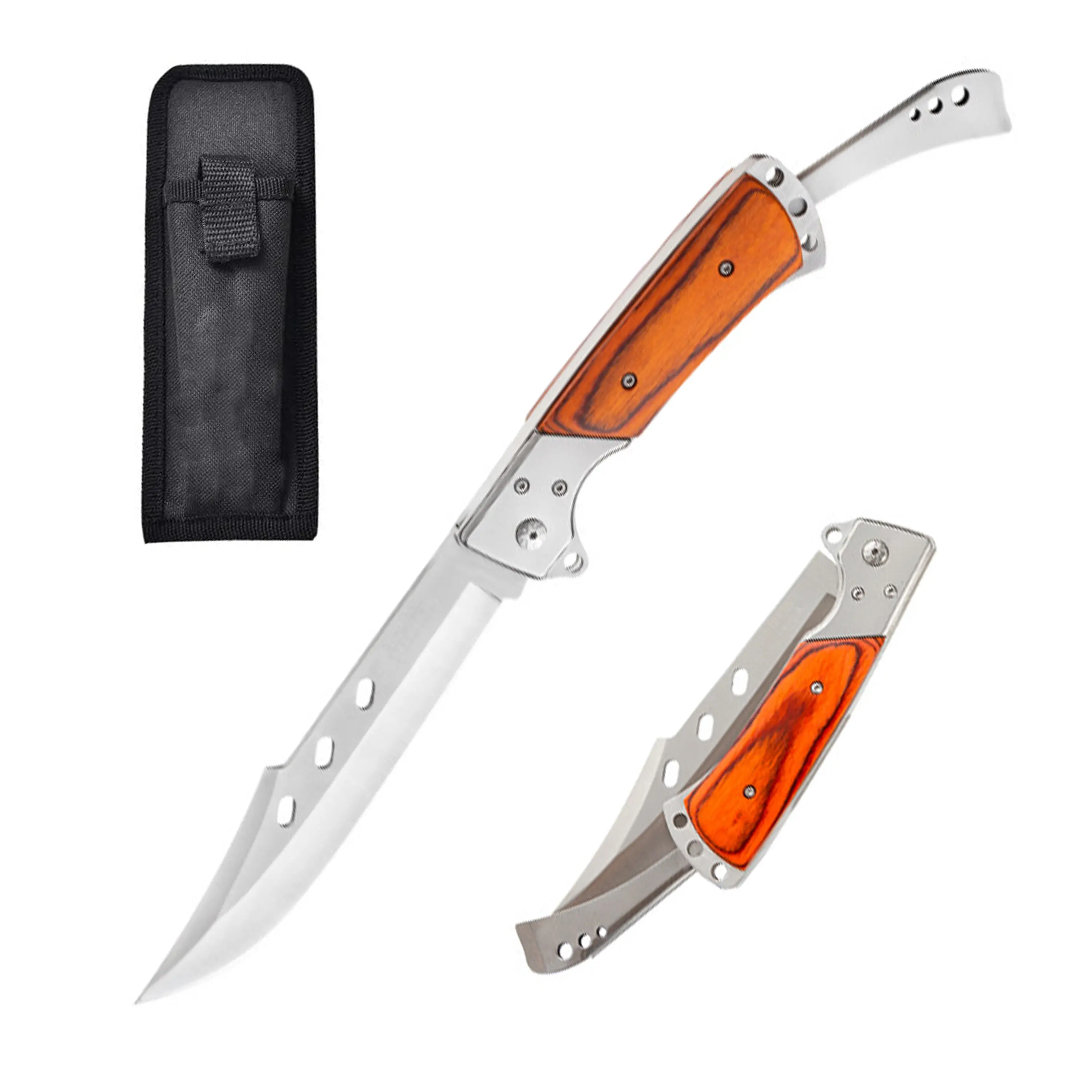 10.8-Inch Folding Knife with Elegant Rosewood Handle, Stainless Steel Blade & Swallowtail Grip, Outdoor Multifunctional Tools for Men, includes Portable Nylon Sheath for Camping & BBQ