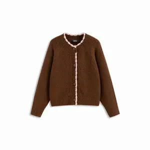 Women's Cider Knit Wool-Blend Round Neck Long Sleeve Cardigan with Contrasting Binding, Buttons - Knitting Casual Basic Tops Dealsforyou