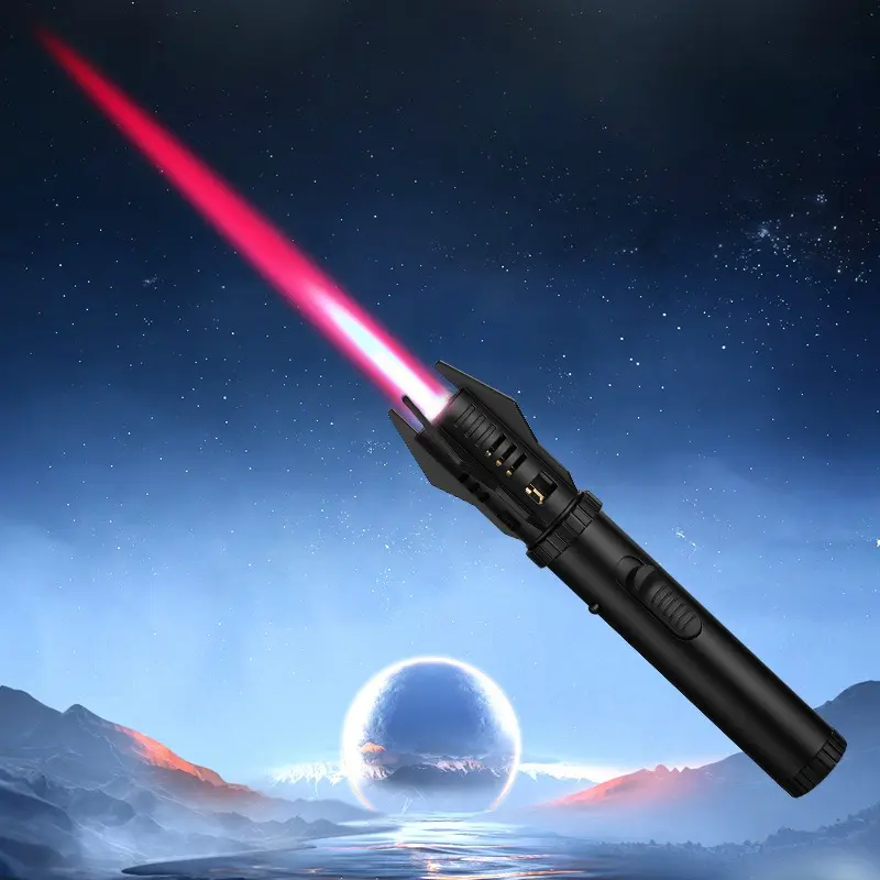 1pc Torch Lighters Butane Adjustable Jet FlameLightsaber Windproof Refillable Long Lighterfor Candle, BBQ, Fireworks (Butane NotIncluded) Black Kitchen Hot Pot Cook GiftLightweight Decor