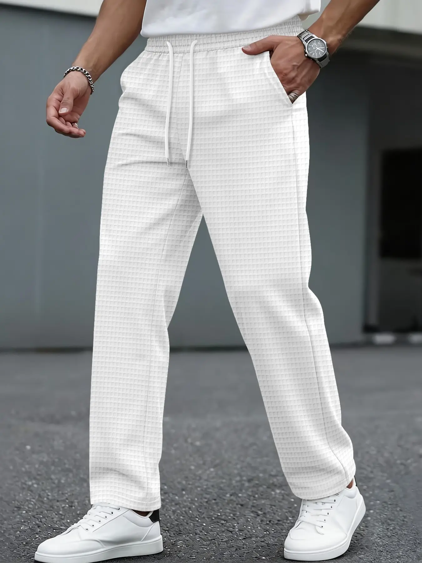 Men's Waffle Knit Drawstring Sweatpants, Sporty Casual Style, Comfortable & Skin-Friendly, For Gym & Strolling Looks, Fashion Sweatpants
