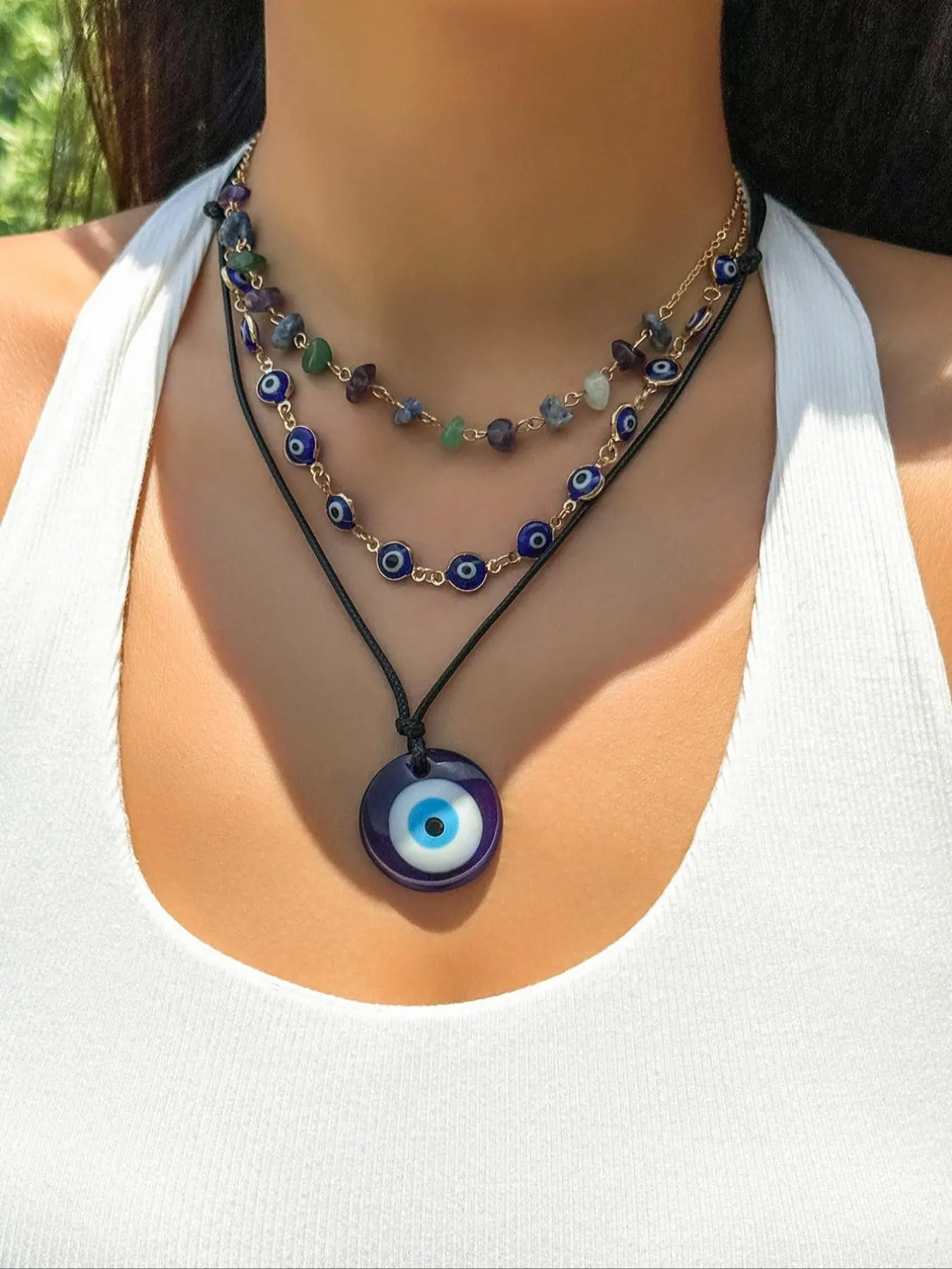 Vintage Fashion Devil Eye Pendant Necklace Set, Jewel Necklace, Crystal Jewelry, Trendy Necklace, Irregular Crystal Wax Line, Casual Style, All Seasons, Alloy Material, No Choking Hazard