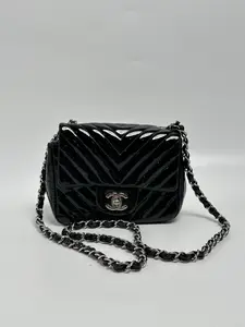Pre-owned CHANEL leather Crossbody Bags Chevron Patent Mini Flap Crossbody Bag Black Silver Hardware ZS166CC