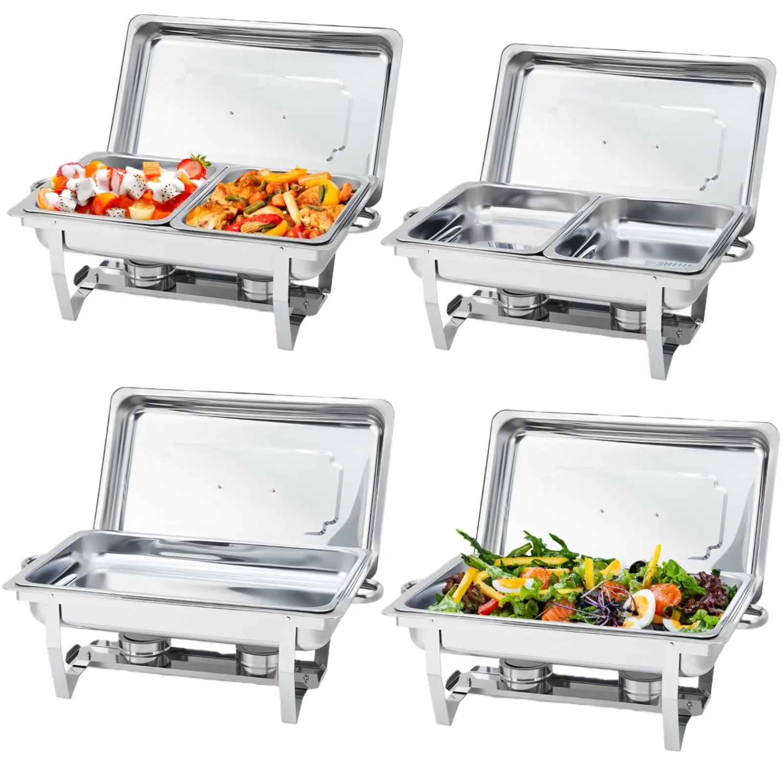 Chafing Dishes for Buffet 4 Pack, 8 Qt Stainless Steel Chafers and Food Warmers Sets with 6 Food Pans, Rectangle Chafing Dish Buffet Set for Catering Wedding Party, Silver