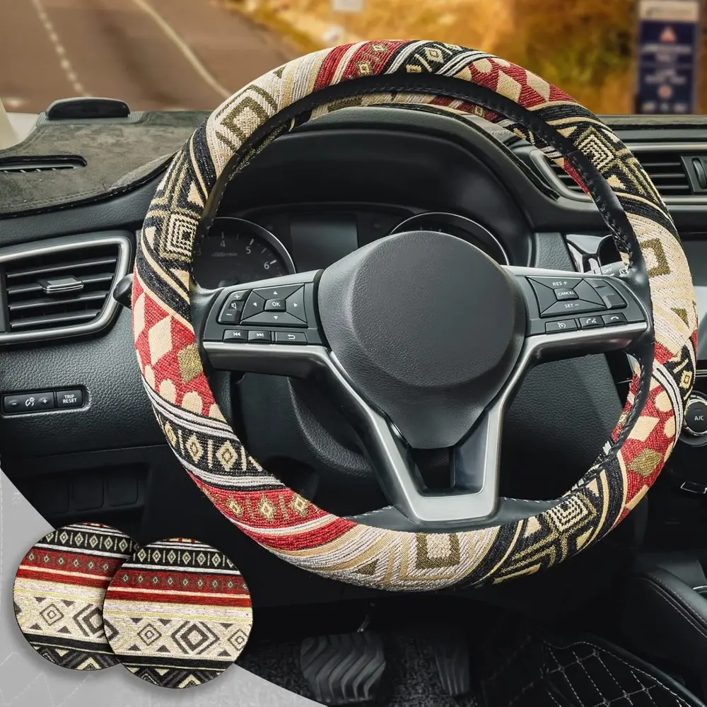 Women's Boho Car Steering Wheel Cover - 3-Pieces Bonus Car Accessories Interior Kit, Ethnic Style Anti-Slip Sweatproof Breathable Protector, Fits 14.5-15 in