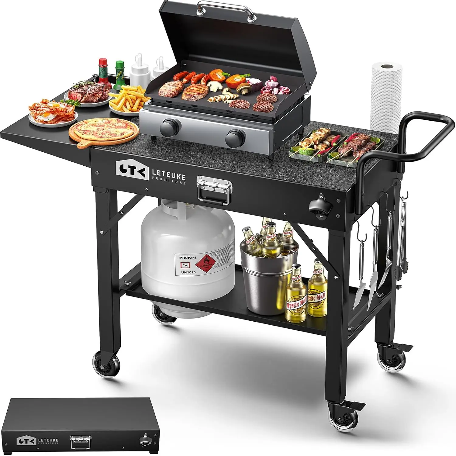 Grill Cart for Blackstone Griddle, Portable Outdoor Grill Table, Foldable Cart Table with Wheels for Ninja, Griddle Stand Fit 17 Inch Or 22 Inch, BBQ Prep Tables with Seasoning Tray