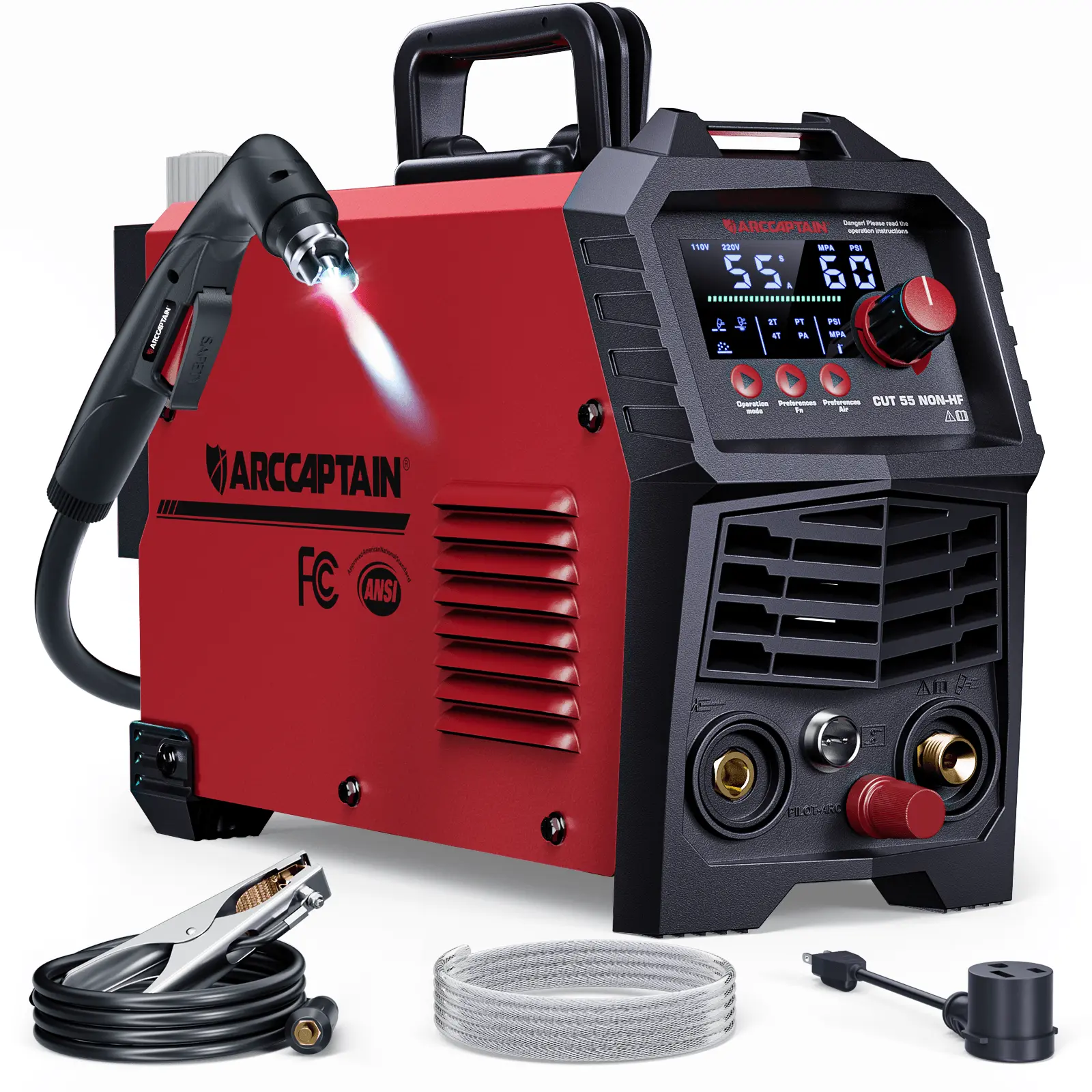 ARCCAPTAIN CUT55 IGBT Inverter Plasma Cutter with Non-HF Blowback Pilot Arc, 110/220V Dual Voltage Cutting Torch, Large LED Display, 3/5in Clean Cut, PA/PT Adjustment, Mesh Cutting, Rust Removal, Durable Metalworking Tool, Father's Day Gift for Dads