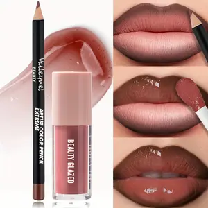 2pcs/set Velvet Texture Lip Makeup Set - Lip Liner - Lip Glaze - Waterproof Long-lasting Matte Effect, Red, Brown, Create Moisturizing Natural Lip Makeup lip combo