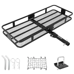 Folding Hitch Mount Cargo Carrier Basket 60" x 20" x 6",Hauling Weight Capacity of 500 Lbs and Folding Arm.with Hitch Stabilizer, Cargo Net and Ratchet Straps
