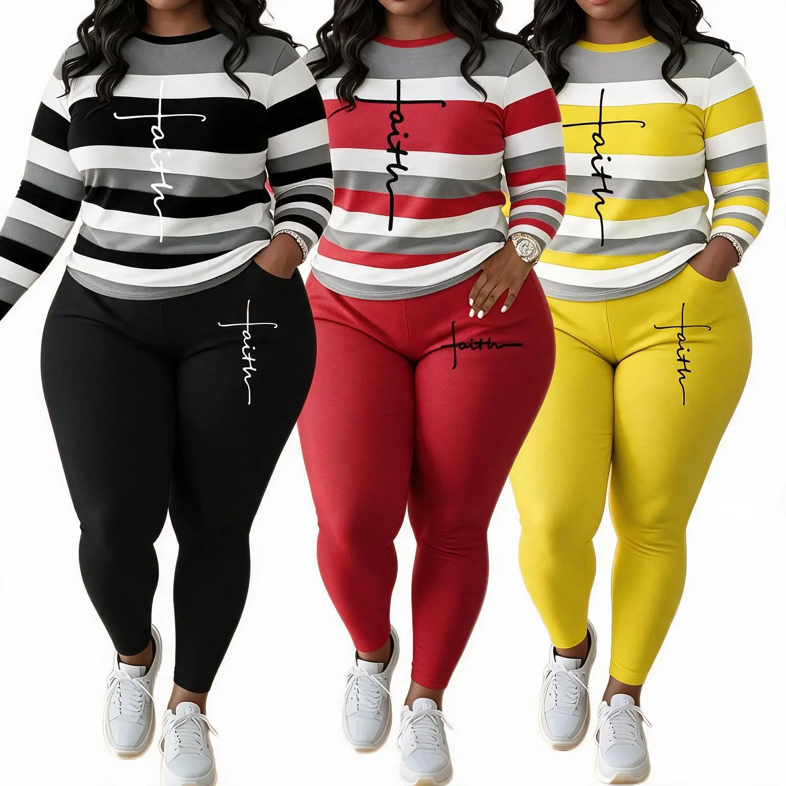 Plus Size Women's Faith Print 2-Piece Set – Long Sleeve Colorblock Top & High-Waisted Stretch Leggings, Soft Comfy Matching Outfit