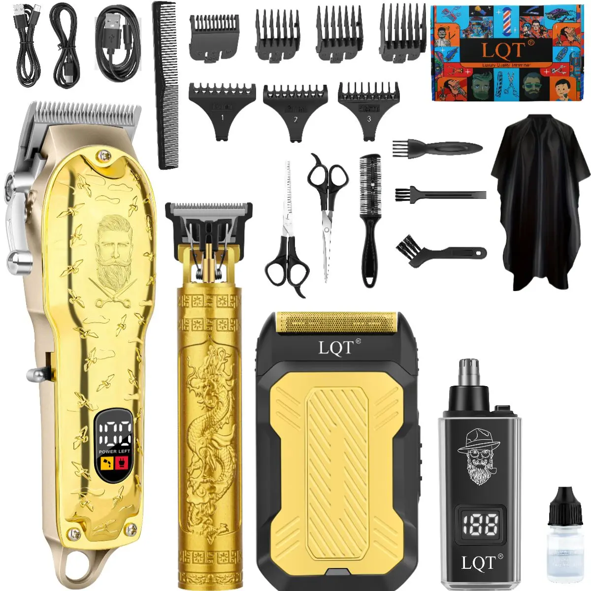 LQT Luxury 3-in-1 Professional Grooming Kit for Men, Adjustable Hair Clipper, T-Blade Trimmer & Foil Shaver Set, USB-C Rechargeable for Daily & Salon Use