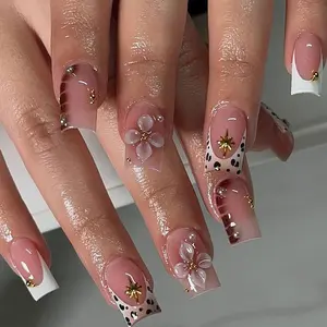 24pcs Sweet Cool Atmosphere Nails, Clear Nude Base, Classic Leopard Print, 3D Flowers, Beads, Oval Short Nails, Enhances Hand Shape, Nail Art, Nail Art Design
