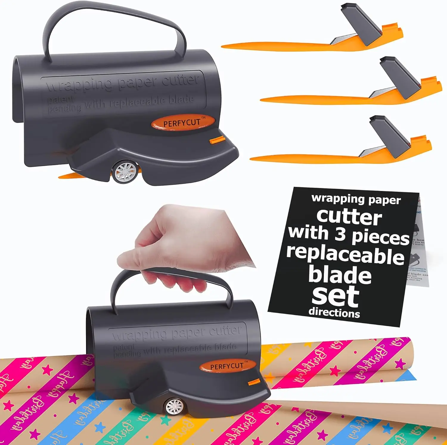 New PERFICUT Office Wrapping Paper Cutter - Office Cutting Supply with 3 Replaceable Alloy Blade Sets, Patent Wheel, Safety Blade, Rotating Safety Design, Fits All Roll Sizes for Christmas
