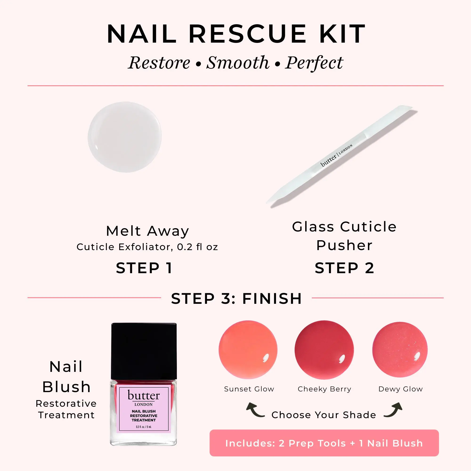 butter LONDON Nail Rescue Kit - Cuticle Exfoliator, Glass Pusher & Restorative Nail Blush Treatment