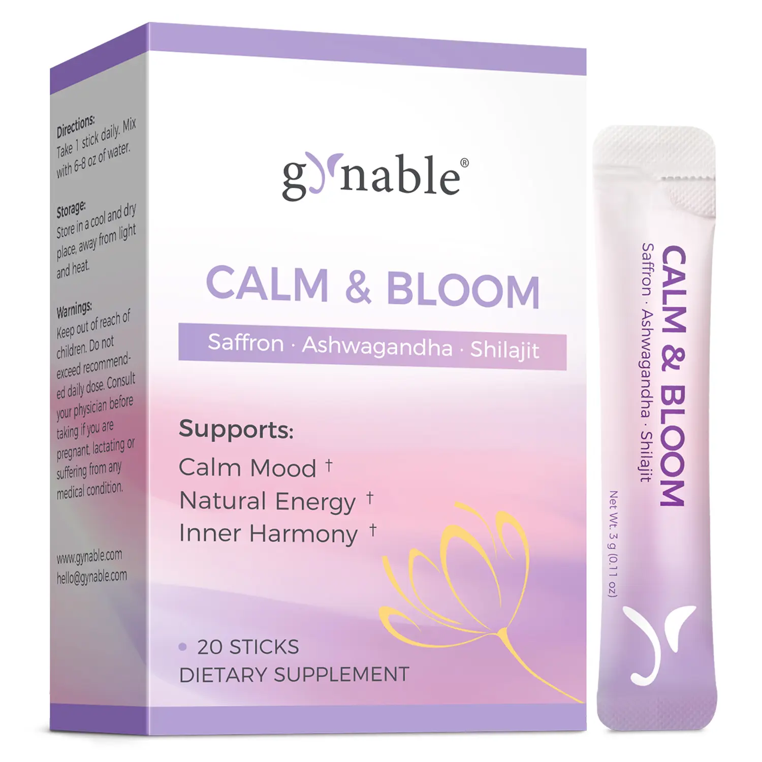 Gynable Saffron Calm Drink Mix Supplement for Menopause Support,Cortisol Balance,Stress,Sleep,Brain Fog,Focus,Vision,Energy,Women's Mood & Desire with Magnesium,Ashwagandha,Shilajit,L-Theanine,Passionflower,Vitamin B6,Natural Fitness Citrus Flavor Sticks