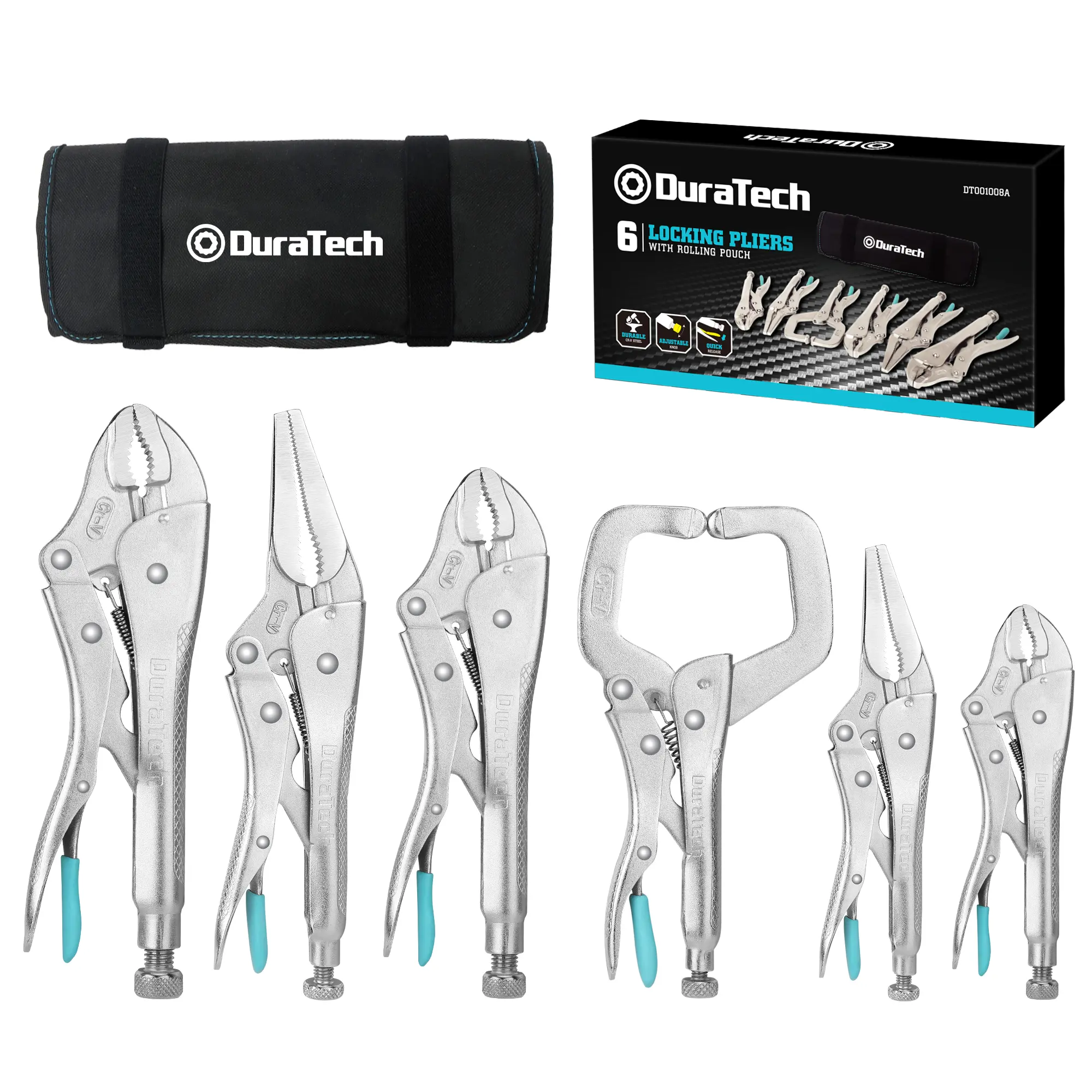#summersale DURATECH 6-Piece Locking Pliers Set, CR-V Steel Vice Grip Pliers, Long Nose, Curved Jaw & C-Clamp, Fast Release, 5" 6" 7" 10" 6-1/2" 9-1/2", with Oxford Roll-Up Pouch