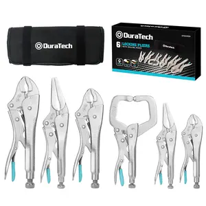 #fathersdaygift DURATECH 6-Piece Locking Pliers Set, CR-V Steel Vice Grip Pliers, Long Nose, Curved Jaw & C-Clamp, Fast Release, 5" 6" 7" 10" 6-1/2" 9-1/2", with Oxford Roll-Up Pouch