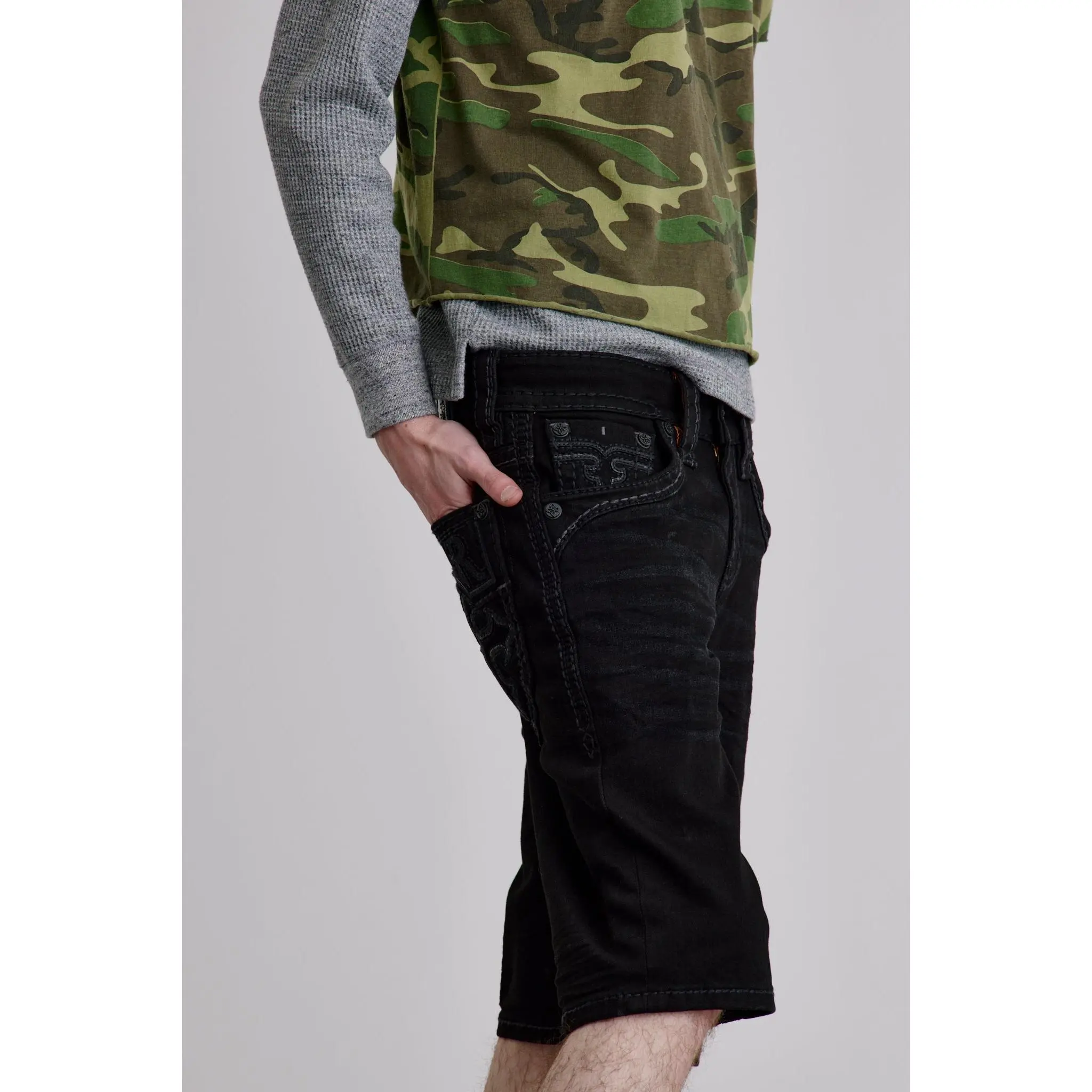 Rock Revival Men's Camilo Stretch Denim Shorts, Relaxed Fit, Casual Knee-Length Style, with Custom Black Finished Hardware