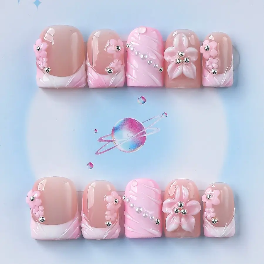 Nailssbysheccid, 10pcs press-on nails, Handmade Press ons, false nails, square shape, 100% handmade, simple style, French Tip, 3D, suitable for family dinners, dates, weddings, gift for girls, comes with jelly glue, crystal sticks and twisting rods