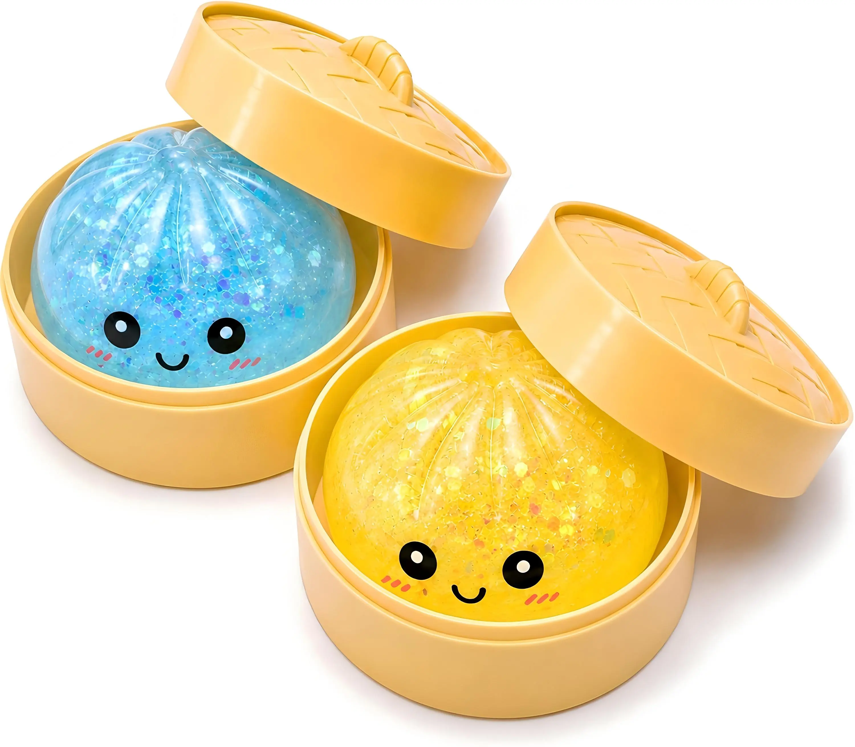 KIDGENIUS 2 PCS Glitter Mystery Dumpling Squishies with Steamer Box, Soft Stretchy Bao Bun Stress Relief Balls, Sensory Fidget Squeeze Toys for Anxiety Relief, Decompression Desk Toys
