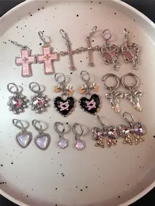 9 Pairs Zircon Heart Shell Cross Star Earrings, Sweet Asian Girl Style Ear Jewelry Set, Suitable for Daily Wear for Women