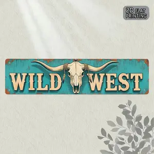 1PC 2D Flat, Rural Wild West Longhorn Metal Sign - Vintage, Rustic Farmhouse Design Wall Decor for Bars, Farmhouses, Game Rooms - 9.91x39.88cm Rectangle Design, Western Theme Wall Hanging with Distressed Teal Background & Gold Letters, Western Home Decor
