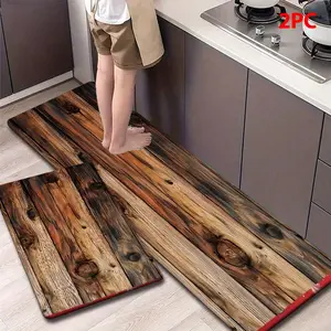 2/3 Piece Flannel Kitchen Mat Set, Vintage Wood Grain Design, Anti-Slip, Absorbent, Home Decor for Kitchen, Bathroom, Hallway