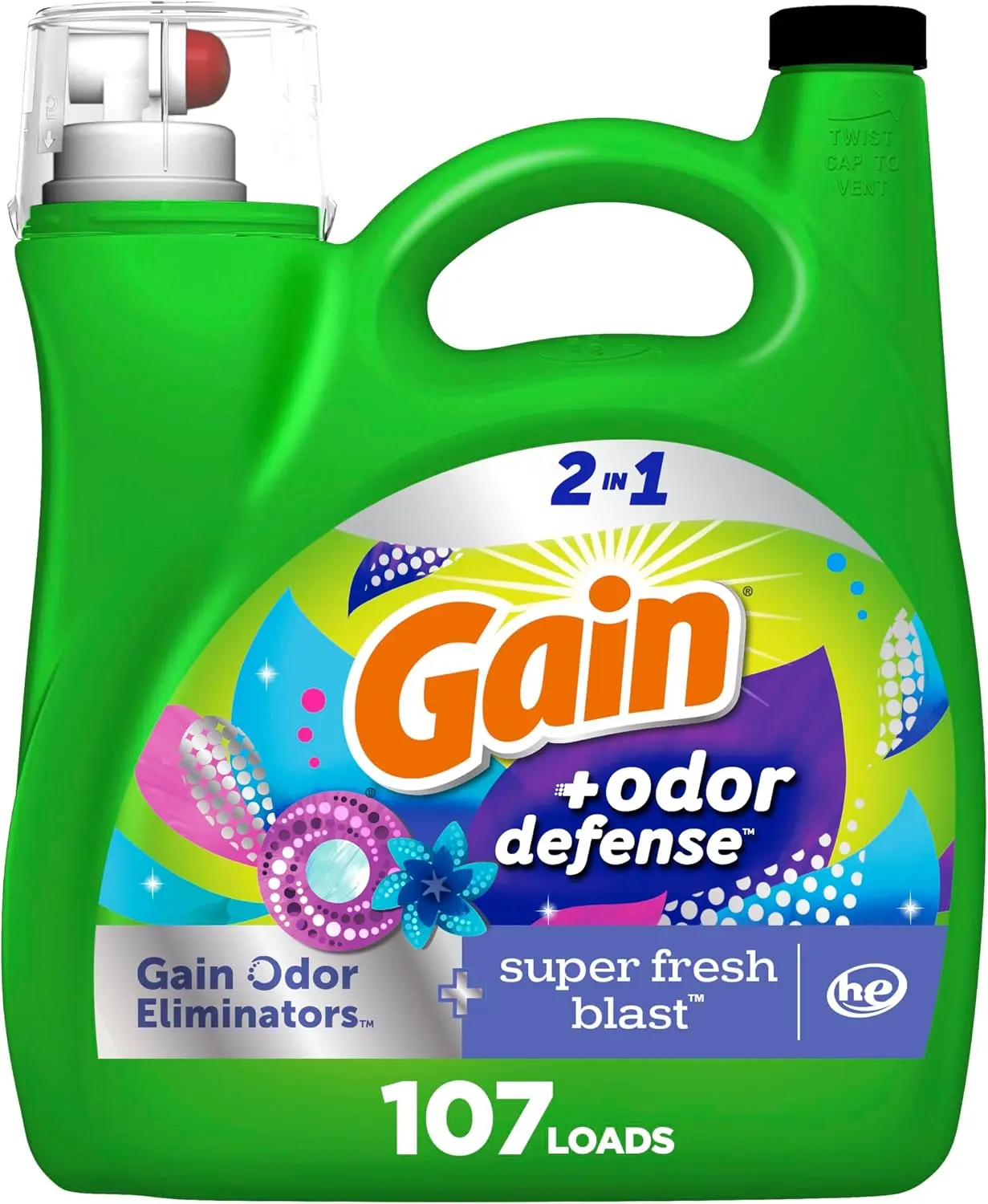 Gain + Odor Defense Liquid Laundry Detergent, Super Fresh Blast Scent, 107 Loads, HE Compatible Washing Soap (Packaging May Vary)