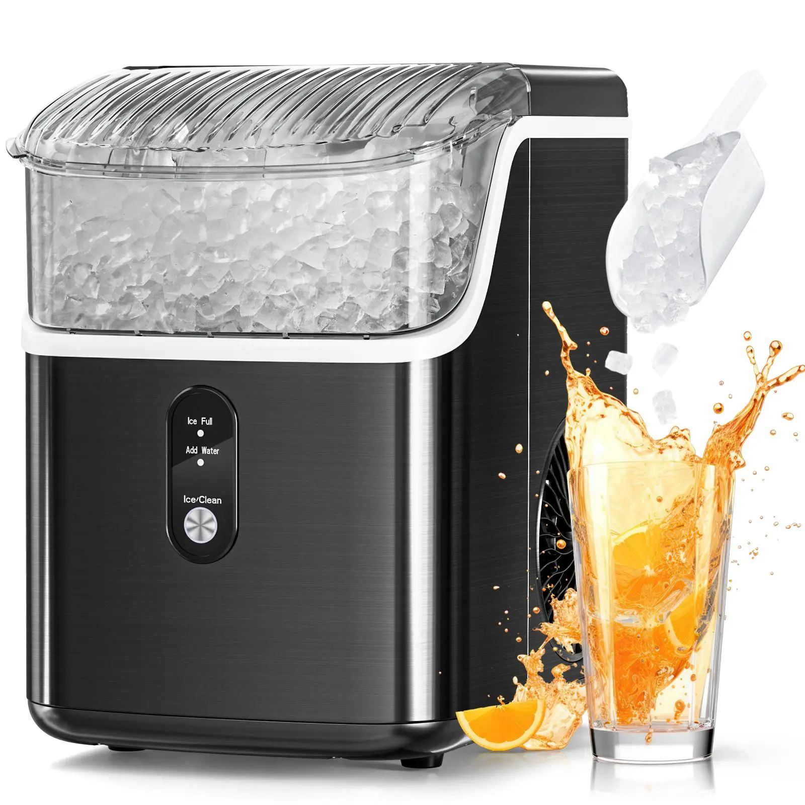 Electactic Nugget Countertop Ice Maker with Soft Chewable Pellet Ice, Pebble Portable Ice Machine, 34Lbs/Day, Self-Cleaning, Sonic Ice Maker, One Button Operation, for Kitchen,Office Stainless Steel Black