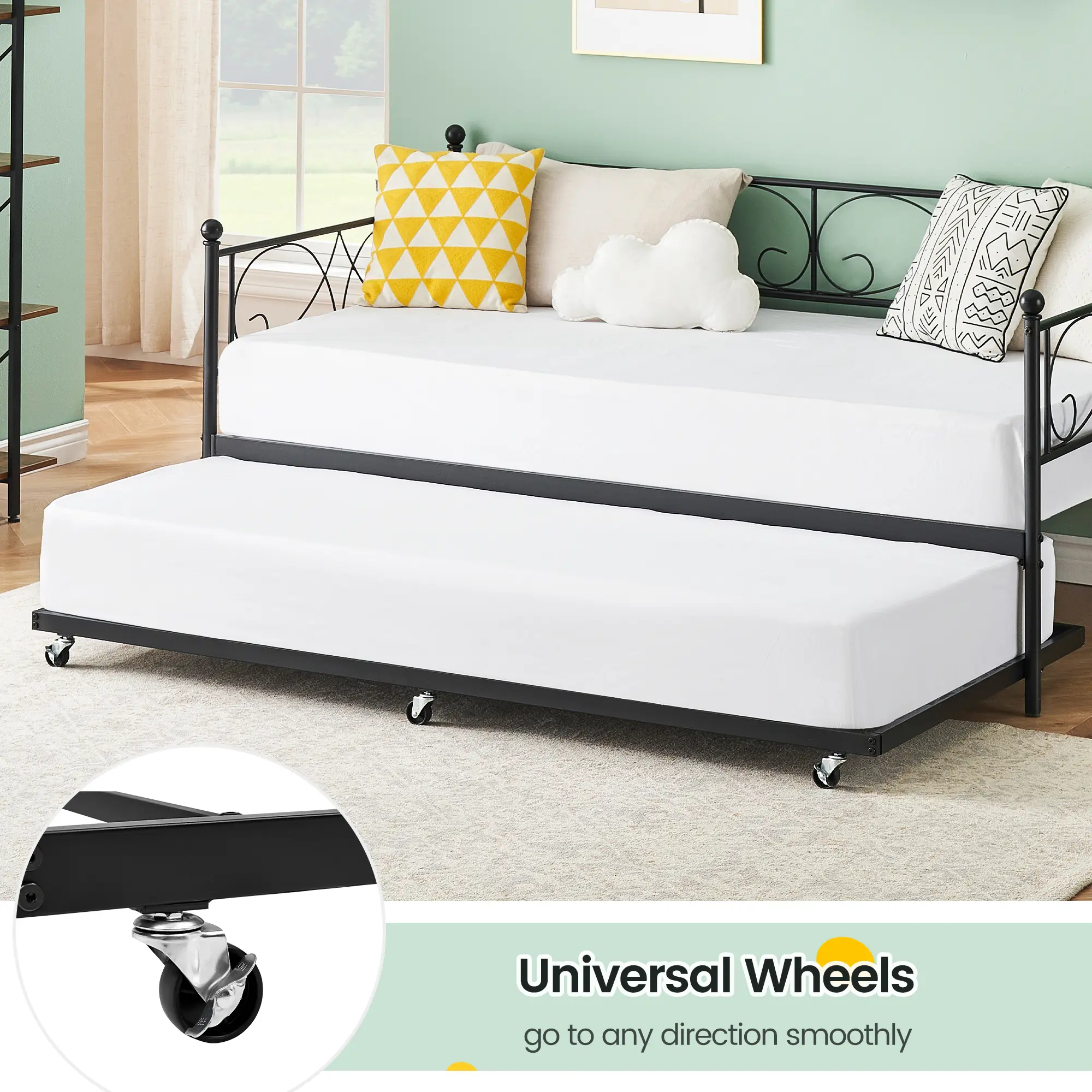 Modern Metal Frame Daybed with Trundle - Twin Size Trundle Pull Out Bed, Floral Headboard, Heavy-Duty Steel Slats, Convertible Sofa Bed for Bedroom & Living Room, No Box Spring Required, Easy Assembly