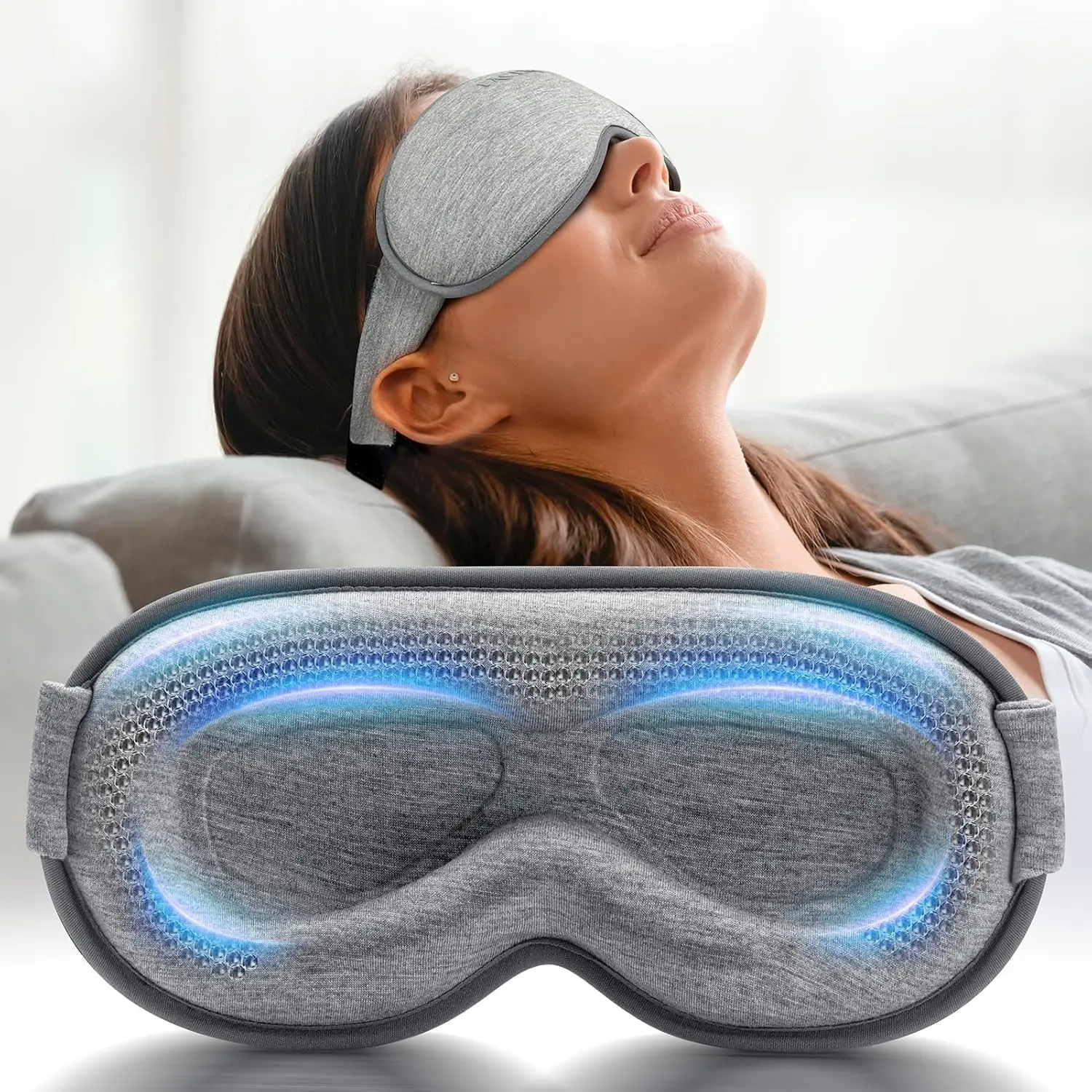 Weighted 3D Contoured Sleep Mask, 100% Blackout Blindfold with Cotton & Memory Foam, Gray Sleep Aid for Women, Travel & Naps, Hand Wash, Meditation, Microbeads, Adjustable, Breathable, Eye, Faster Sleep