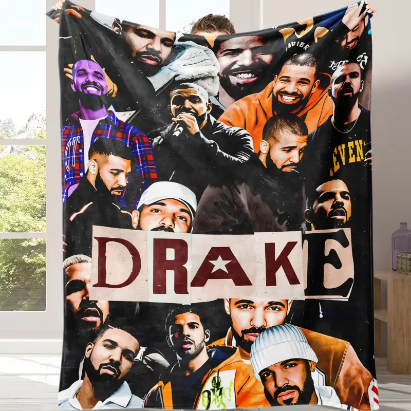 Drake Rapper Collage Portrait Fleece Throw Blanket,Vintage Paper Letter Star Dark Print Art Blanket, Warm Soft Decor Throw for Sofa & Bed, Perfect Gift for Drake Fans & Hip Hop Rap Lovers, Ideal for Birthday & Xmas