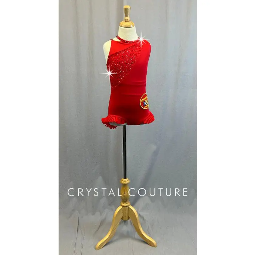 Custom BayWatch Asymmetrical Lifeguard Leotard with Ruffle Hips and Strappy Back - Rhinestones