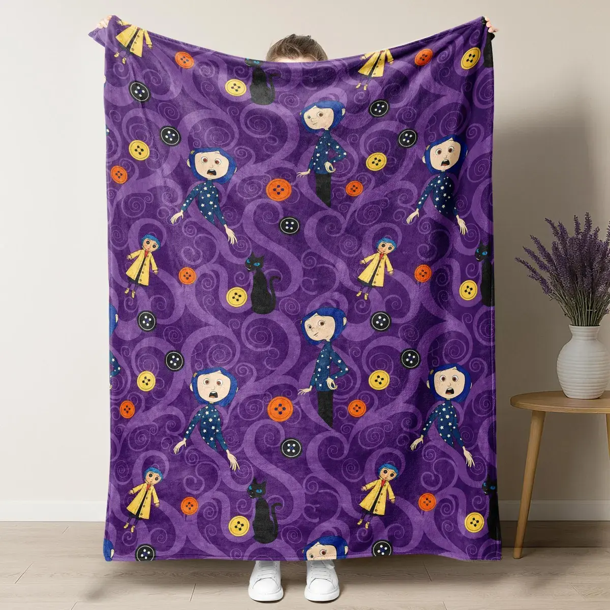 Soft Flannel Throw Blanket Coraline All Over Print Purple Swirl Black Cat Button Pattern Spooky Movie Fan Home Decor Best Friend Birthday Gift Cute Couple Gifts