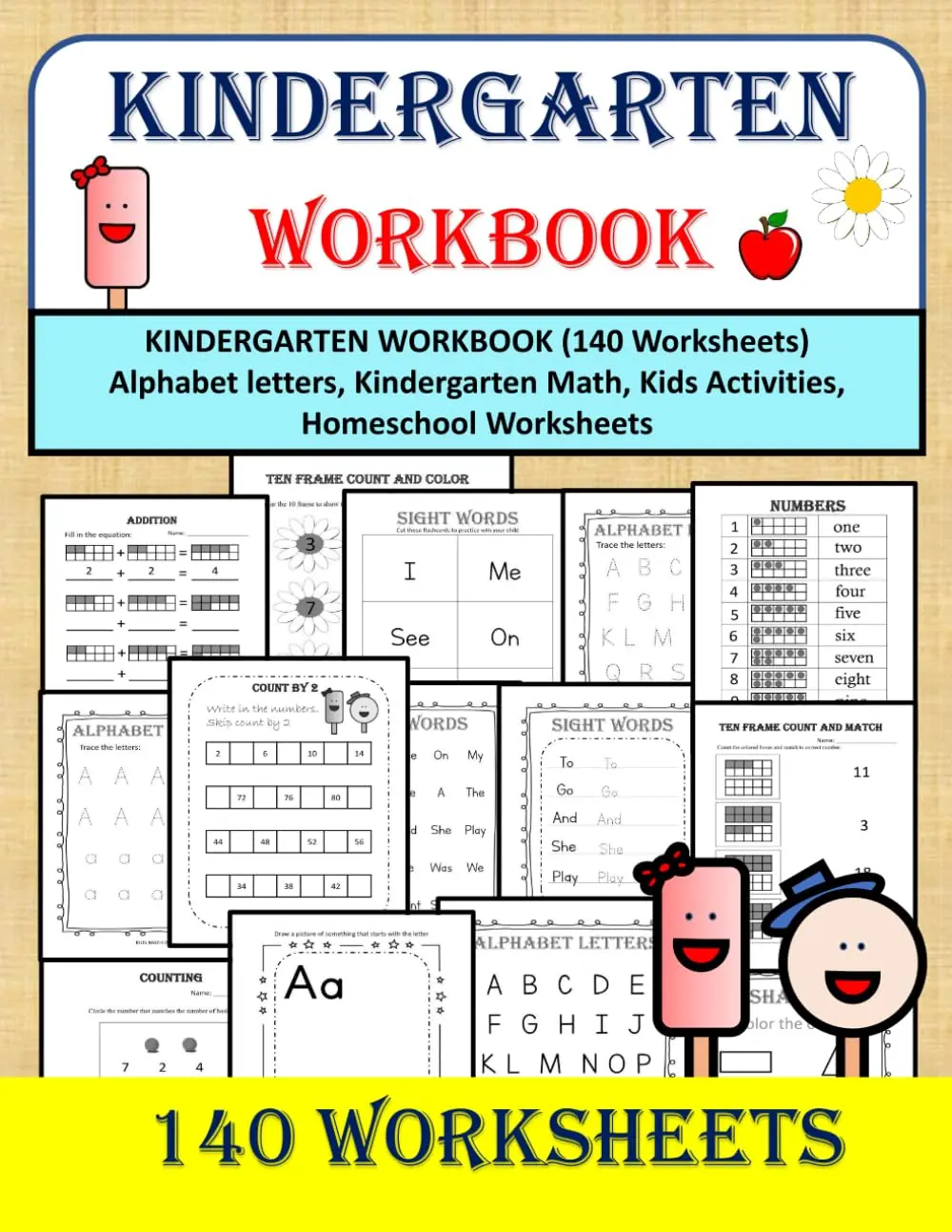 KINDERGARTEN WORKBOOK (140 Worksheets) - Alphabet letters, Kindergarten Math,Kids Activities, Homeschool Worksheets
