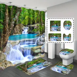 [Popular Choice]1pc/4pcs, bathroom curtains shower, bathroom set, shower curtains, bathroom decor,bathroom rug, home decoration, bathroom mat, forest and waterfall patterns, natural theme decoration, bathroom set, with 12 hooks.