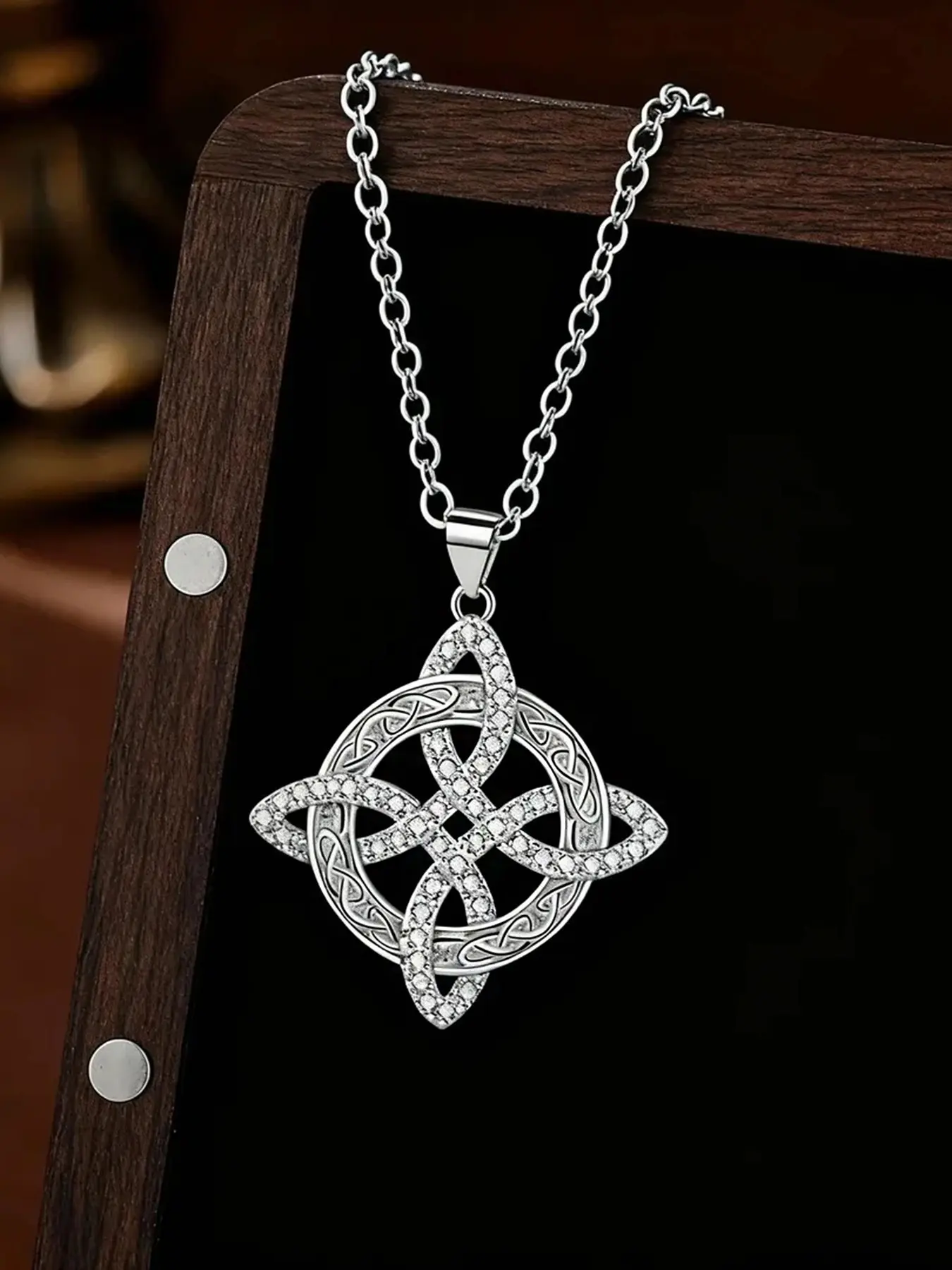 Classic Witch's Knot Necklace — A Luxurious Gold/Silver-Tone White Crystal Necklace for Women, Featuring a Zircon-Inlaid Trinity Knot. A Symbol of Good Luck, This CZ Pendant Serves as a Witchcraft Talisman and Protective Wiccan Jewelry.