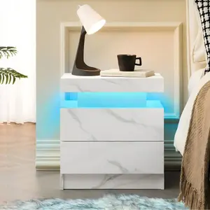 [Bellemave]Nightstand LED Bedside Table Cabinet Lights Modern End Side with 2 Drawers for Bedroom (White Stone)