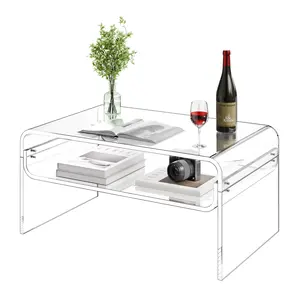 VEVOR Acrylic Coffee Table, 2 Tiers Center Table with Storage Shelf, Modern Rectangle Acrylic Coffee Desk, Ideal for Dining Room, Kitchen Island, Restaurant, Office, 19.7x 31.5x 15 in (Clear)